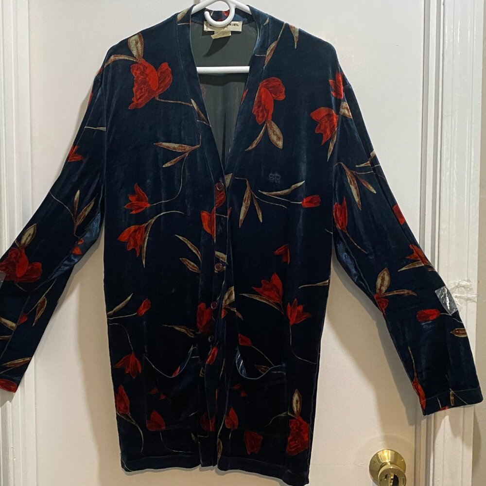 Sonia Rykiel Vint. Vibrant Floral Goth Boho Festival Velvet Artsy 90s Cardigan L